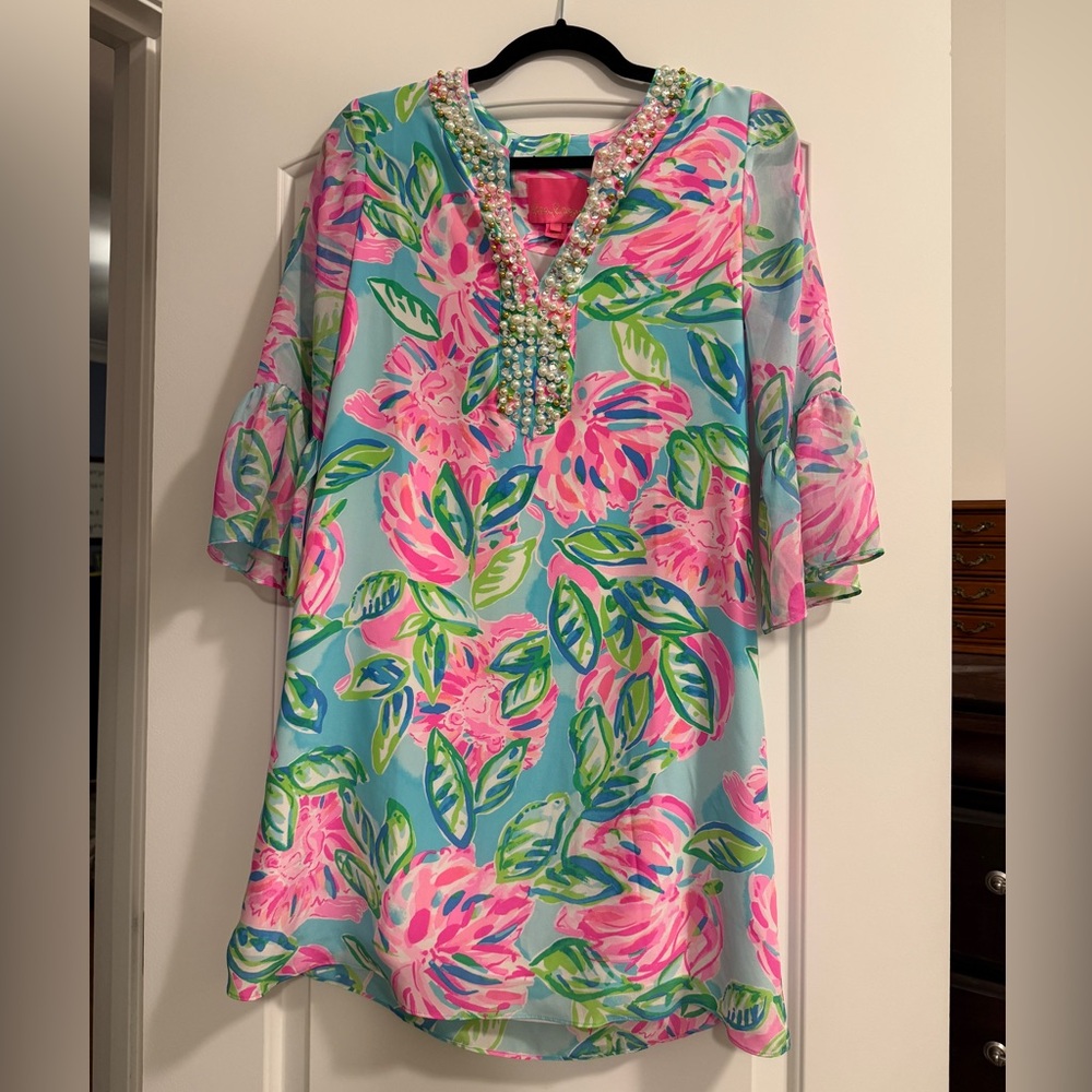 Lilly Pulitzer Elenora Silk dress-Beaded V-Neck Shift Dress